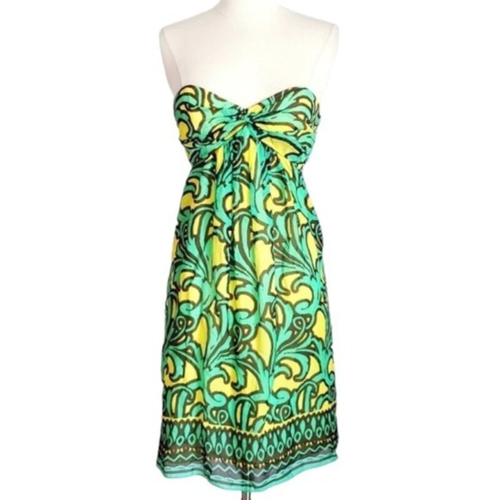 Milly Green & Yellow Paisley Italian Silk Chiffon Strapless Dress- Size 2